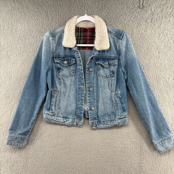 L.E.I. Sherpa Collar Denim Jacket Juniors M Blue Jean Trucker Plaid Lined Vtg - Picture 3 of 10